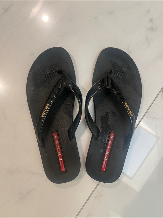Prada Shoes - AUTHENTIC Prada Black Patent Flip Flop Sandals with Red Logo Inlay